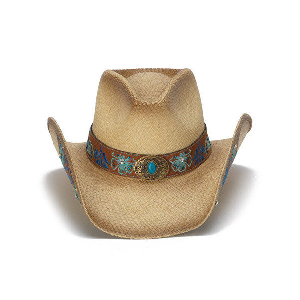 Stampede Hats - Blue Floral Leather Panama Western Hat