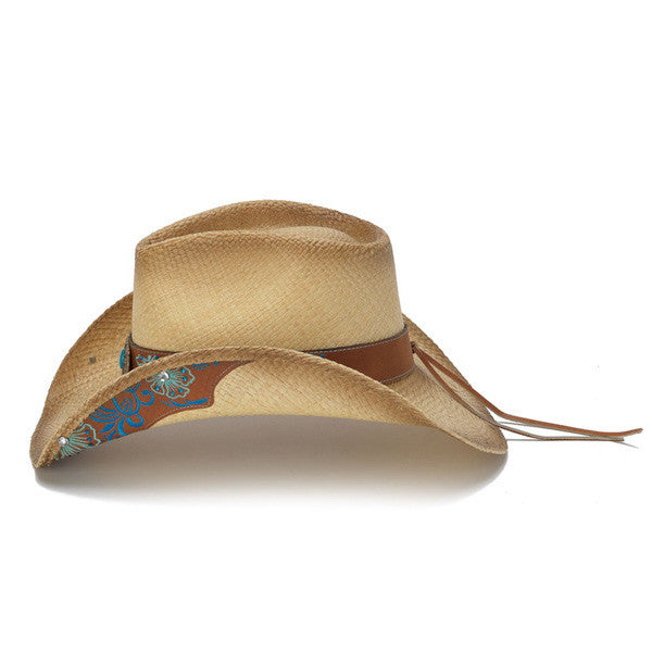 Stampede Hats - Blue Floral Leather Panama Western Hat