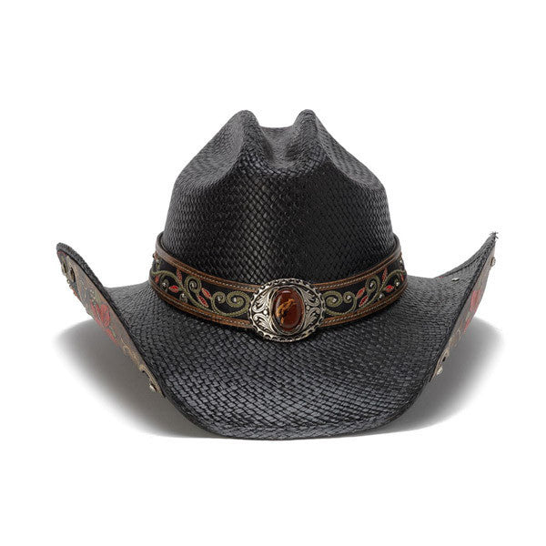 Stampede Hats - Black Cowboy Hat with Red Hibiscus Flower and Rhinestones