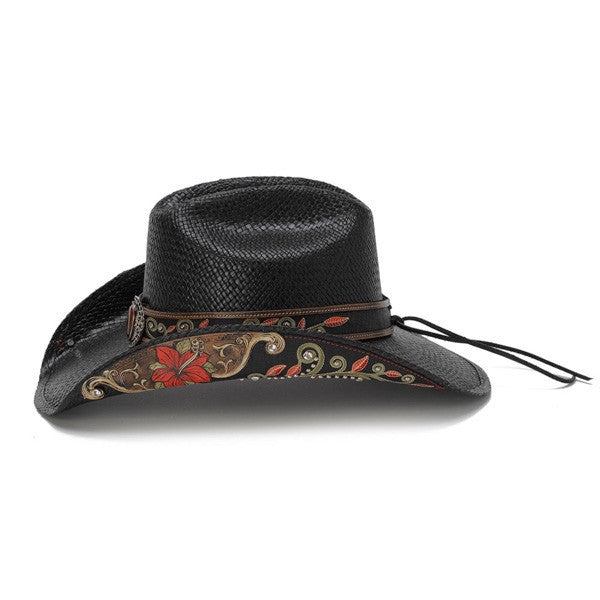 Stampede Hats - Black Cowboy Hat with Red Hibiscus Flower and Rhinestones