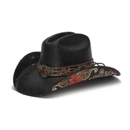Stampede Hats - Black Cowboy Hat with Red Hibiscus Flower and Rhinestones